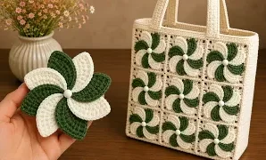 Cómo tejer genial bolso de mano cuadrado con flores.