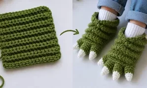 Aprende a tejer pantuflas monstruitos con un solo cuadrado.