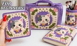 Cómo tejer lindo cuadrado de ganchillo con diseño de gato.
