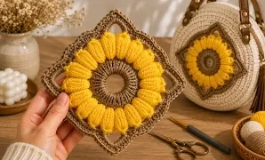 Aprende a tejer precioso motivo de girasol de ganchillo.